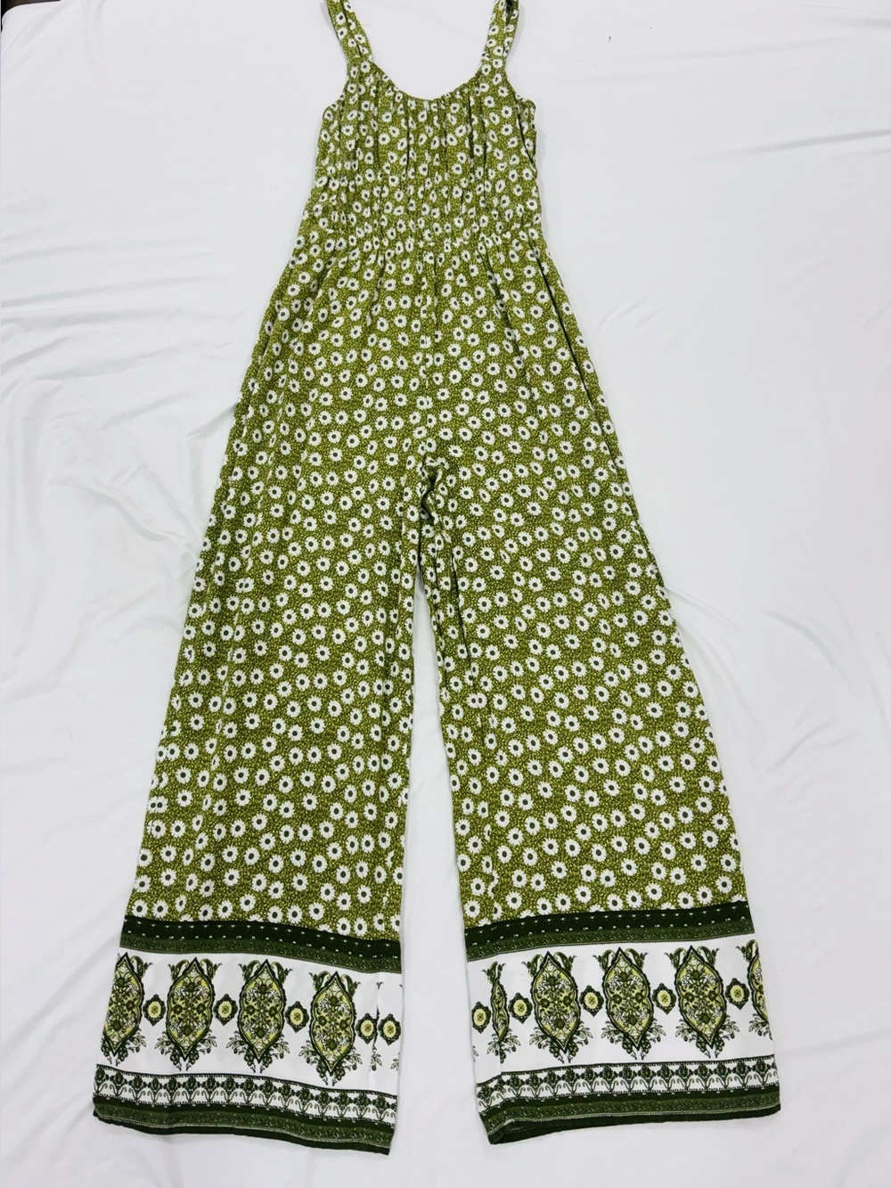 Maurices Green Floral Smocked Wide Leg Jumpsuit Romper Small Boho